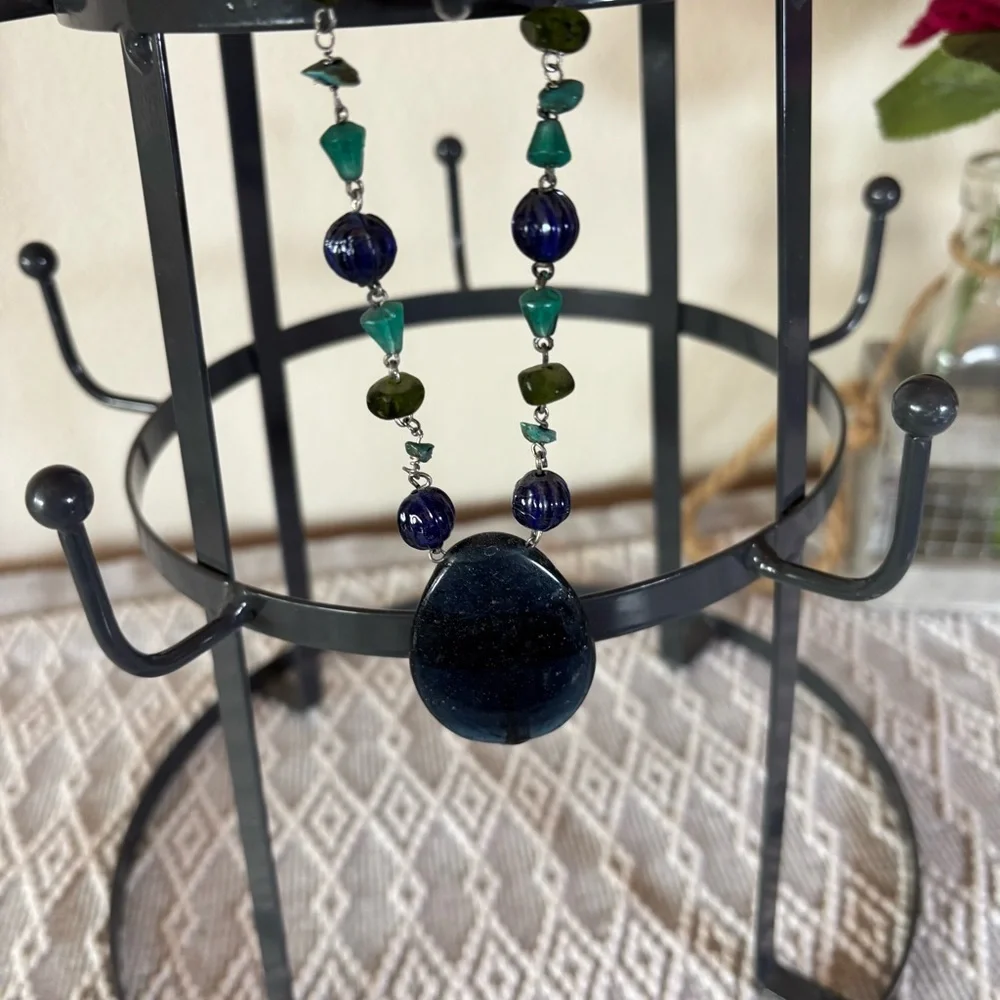 Vicky Jousan Navy and green glass &‎ stone beaded pendant necklace, 18”.